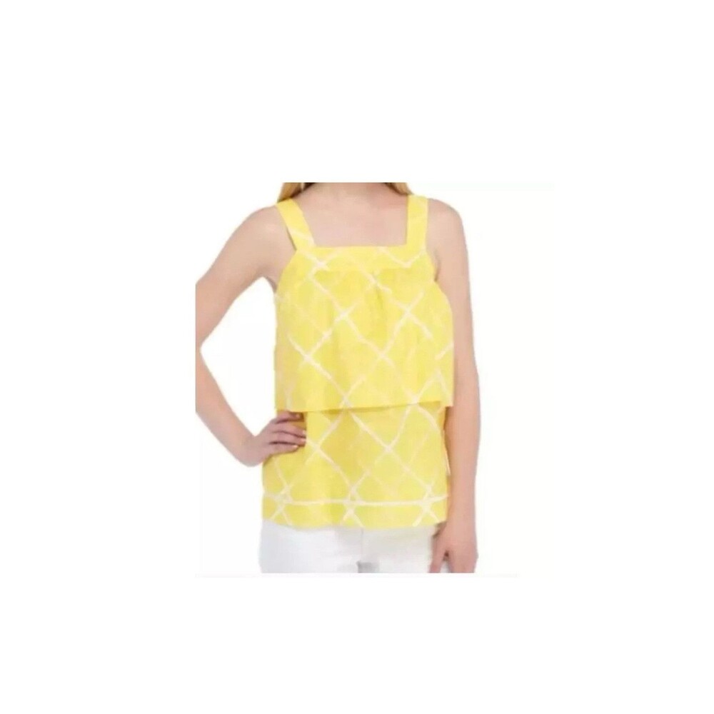 Crown & Ivy Yellow & White Check Babydoll Style Sleeveless Top Tank Size Large
